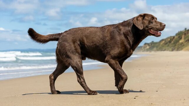 Brown labrador retriever dog walking on sandy beach with ocean waves in background