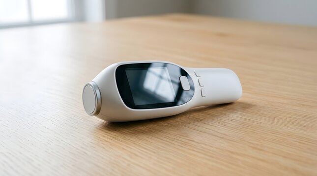 Low angle view of a white electronic infrared thermometer laying on a smooth wooden tabletop.