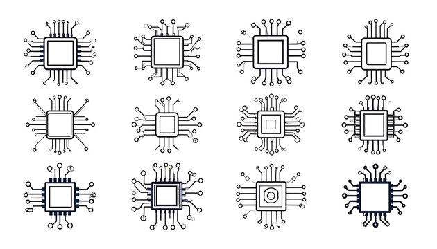 Set of twelve microchip icons, stylized circuits and processors, digital technology elements