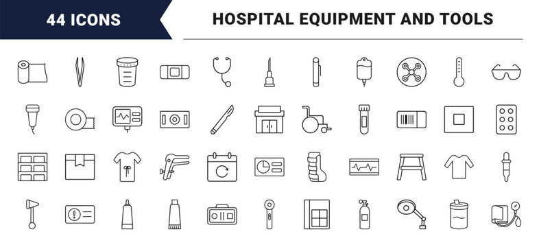 Clinic Supply Checklist line icon set. Vector pictograms of medical inventory, healthcare equipment, clinical logistics, and hospital supply elements, thin linear illustration.