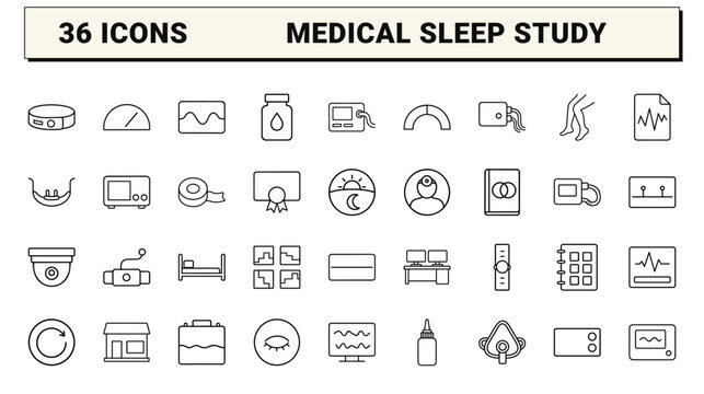 Sleep study clinic line icon set. Vector pictograms of polysomnography, cpap therapy, sleep apnea diagnostics, and clinical monitoring elements, thin linear illustration.
