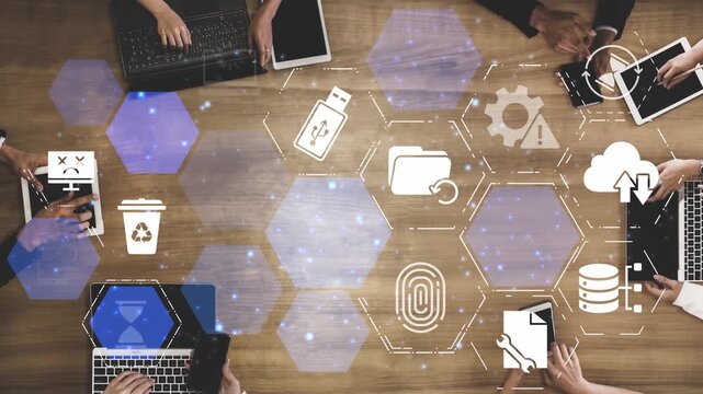 Data recovery icons show backup, data recovery process, and secure restoration. Data recovery ensures system reliability, data recovery protection, and information access. Funnel