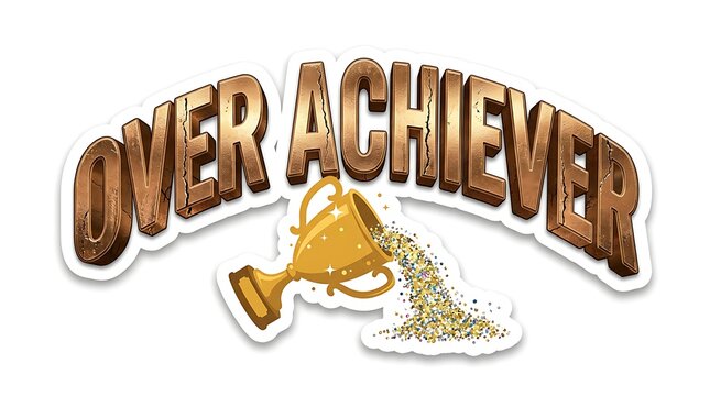 Overachiever Trophy Clipart: A metallic brown arched text reads OVER ACHIEVER above a golden trophy spilling out glitter and gold dust, symbolizing exceptional success and exceeding expectations.