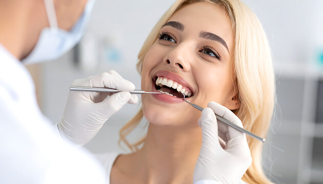 Young woman smiling during a dental examination, dentist checking teeth with tools, healthcare and oral hygiene concept