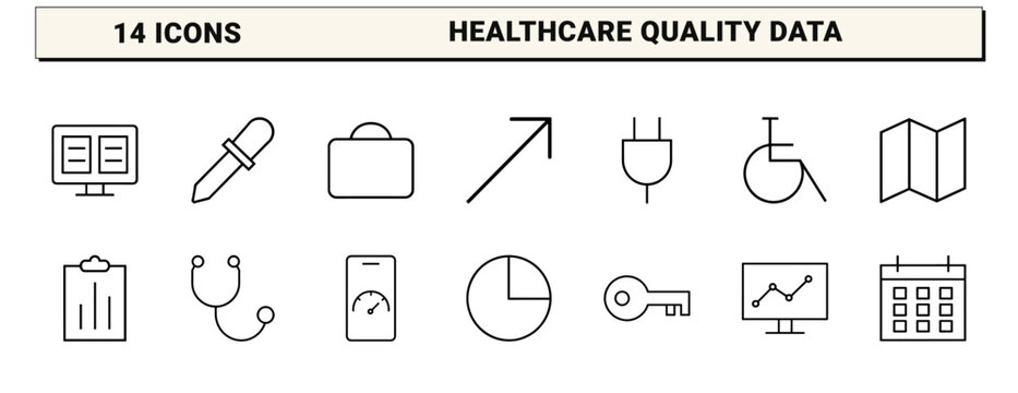Healthcare benchmarking line icon set. Vector pictograms of clinical quality, hospital performance, medical metrics, and healthcare analytics elements, thin linear illustration.