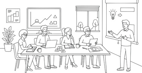 Obraz premium Business presentation meeting in office line art style showing graph on board with diverse professional group.
