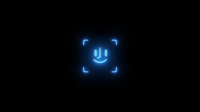 A glowing blue neon outline of a smiling face within a square frame, representing facial recognition technology or digital identity verification on a black background