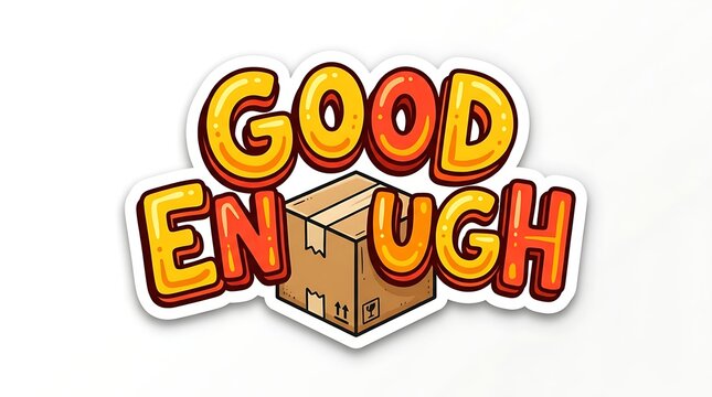 Good Enough Box of Cheer: A vibrant, stylized illustration featuring the text GOOD EN UGH with a cardboard box as the letter N, symbolizing acceptance and satisfaction with things as they are.