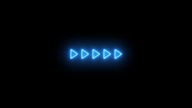 A glowing neon blue horizontal line of five right-pointing triangular arrow against a deep black background, conveying a sense of digital advancement, speed, or media playback controls