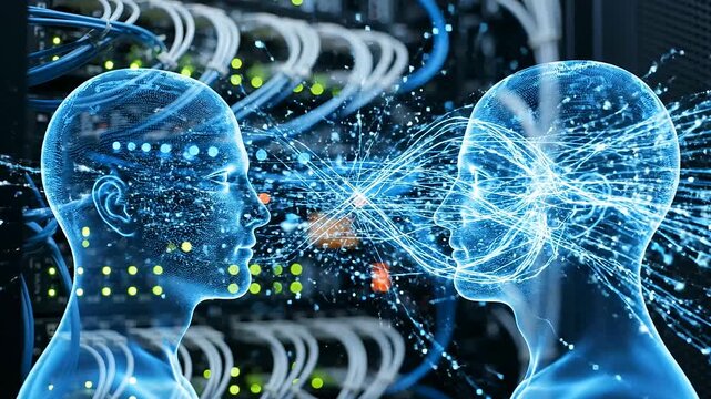A sophisticated digital twin simulation portrays interconnected holographic human consciousness within a futuristic server environment representing the synthesis of artificial intelligence.