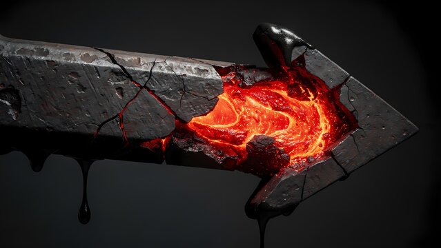 Broken dark arrow with glowing red molten core and dripping black liquid, symbolizing power, destruction, and intense energy on a dark background.
