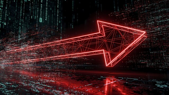 Technology red wireframe arrow representing digital data flow and future progress within an abstract binary code environment, symbolizing advancement and connectivity.