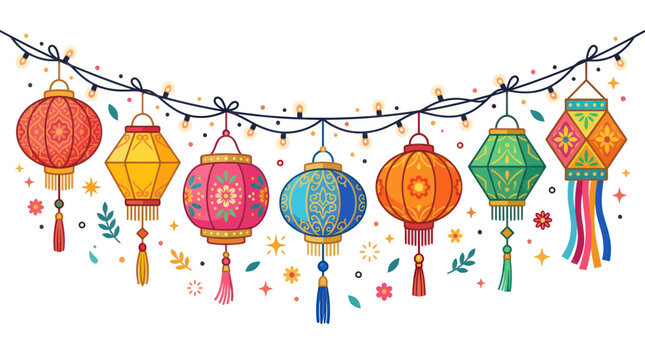 colorful chinese lanterns hanging on string lights
