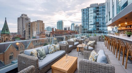 Obraz premium Modern Rooftop Terrace Bar with City Skyline Views and Comfortable Seating