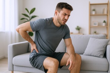 Fototapeta premium Man suffering from lower back pain, sitting on a sofa and holding his aching back, discomfort and discomfort