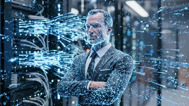 An advanced Digital Twin Simulation showcasing a corporate professional undergoing a seamless integration with flowing data streams inside a futuristic high tech server data center environment