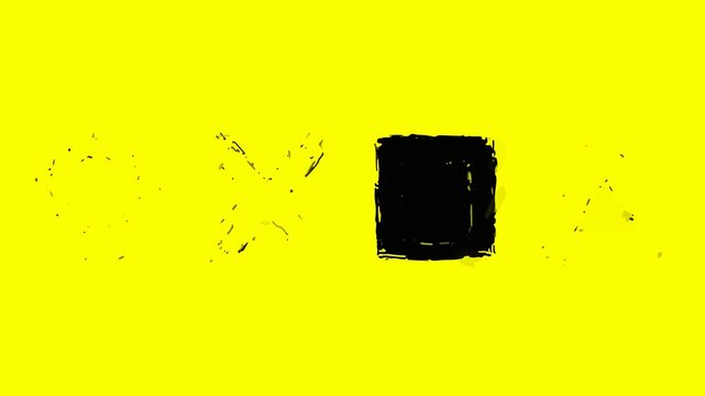 Abstract hand drawn black controller symbols circle cross square and triangle on bright yellow background