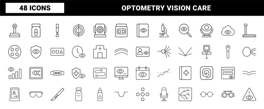Glaucoma screening line icon set. Vector pictograms of ophthalmology diagnostics, eye pressure testing, optometry clinic equipment, and retinal health care elements, thin linear illustration.