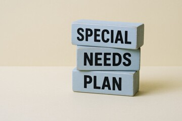 Naklejka premium Stack of light blue wooden blocks spelling out 'SPECIAL NEEDS PLAN' on a neutral background