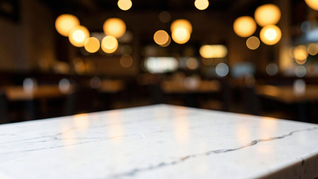 Marble tabletop foreground with warm blurred cafe bokeh lights
