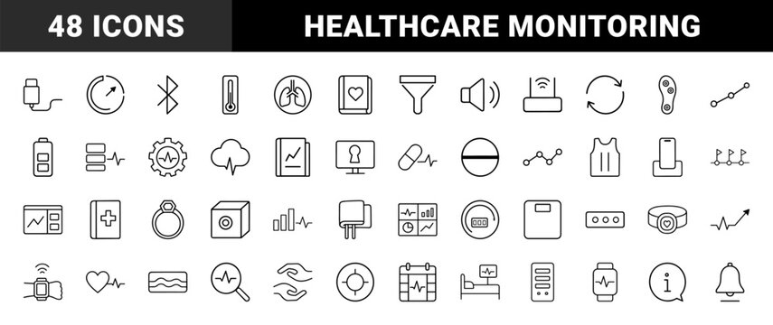 Vital signs monitoring line icon set. Vector pictograms of medical telehealth, health tracking, patient telemetry, and biometric sensor elements, thin linear illustration.