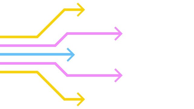 Animated multi-colored branching arrows on white background. Perfect for business strategy, options, process, and direction infographics.