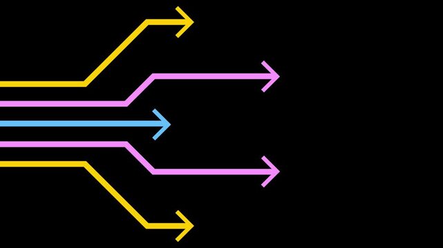 Animated multi-colored branching arrows on black background. Perfect for business strategy, options, process, and direction infographics.