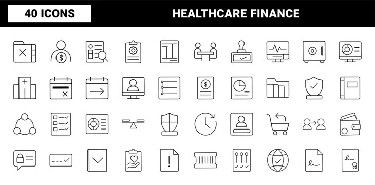 Patient financial counseling line icon set. Vector pictograms of medical billing, healthcare insurance, payment options, and hospital cost elements, thin linear illustration.