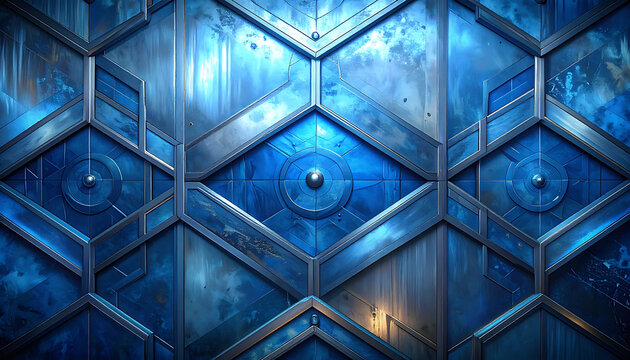 Textured abstract geometric pattern with blue diamond shapes, metallic rivets, and distressed industrial grunge for futuristic or steampunk designs