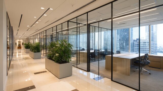 Modern Office Corridor with Glass Partitioned Meeting Rooms and Cityscape Views