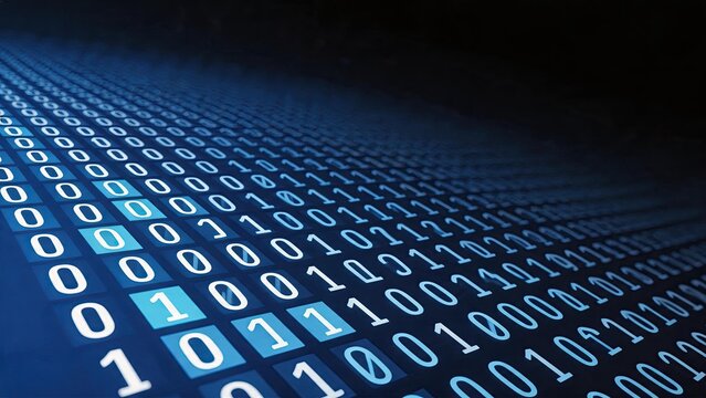 Abstract binary code background with blue glowing numbers zero and one, digital data stream concept, computer programming matrix style texture for technology and cybersecurity