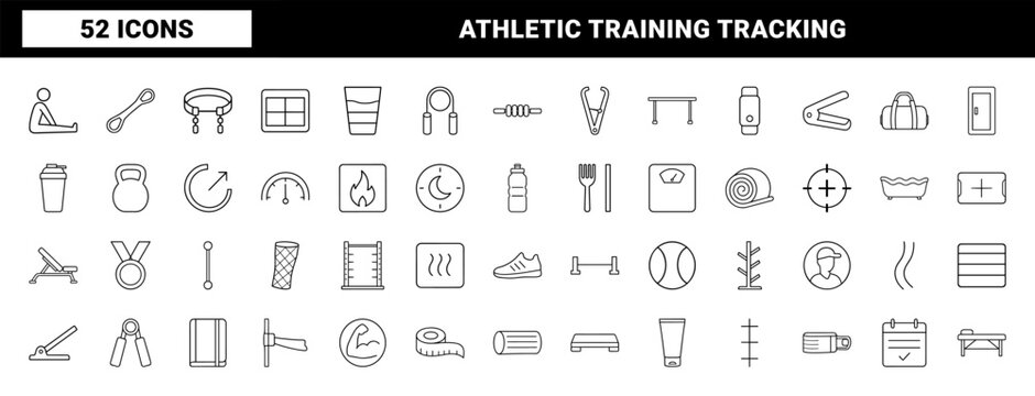 Strength recovery program line icon set. Vector pictograms of fitness rehabilitation, athletic training, muscle tracking, and gym workout elements, thin linear illustration.