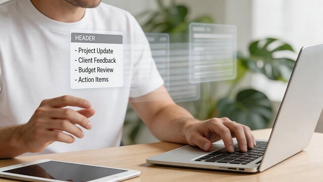 Freelancer working on laptop with project header list, remote work concept, client feedback and budget review, action items management for small business owners and entrepreneurs