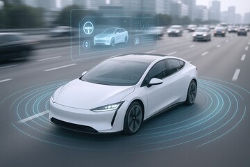 Obraz premium Futuristic white electric vehicle autonomously driving on a highway with holographic interface