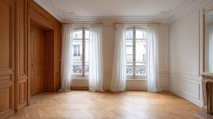 Obraz premium Elegant Empty Parisian Apartment Living Room with Wood Paneling and Natural Light Through Large Windows