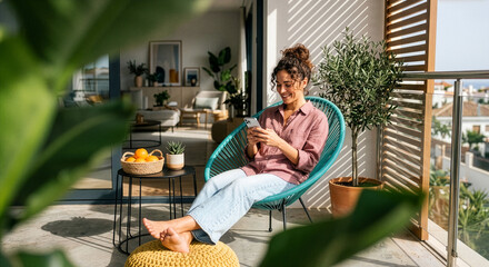 Obraz premium Smiling young woman relaxing barefoot in a comfortable chair on a sunlit modern balcony while using her smartphone.