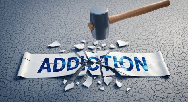 Hammer smashing the word addiction, symbolizing overcoming challenges and breaking free from bad habits.