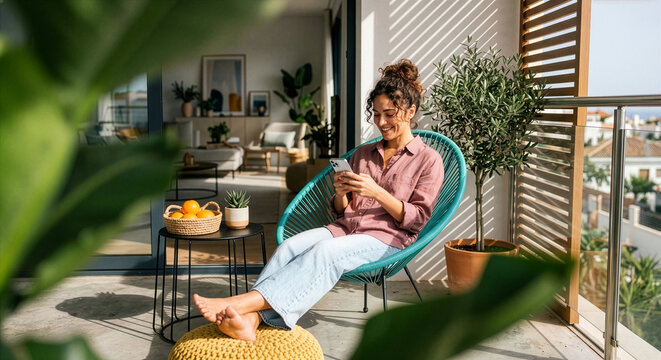 Smiling Young Woman Relaxing Barefoot with Smartphone in Comfortable Chair on Sunlit Modern Balcony with City View