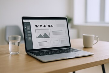 Fototapeta premium Modern Laptop Displaying Web Design Mockup on a Wooden Desk with a Glass of Water and Coffee Mug