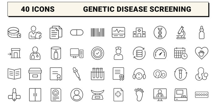 Newborn screening program line icon set. Vector pictograms of infant health testing, laboratory blood diagnostics, and clinical follow up elements, thin linear illustration.