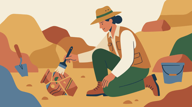 Archaeologist brushing ancient artifact in desert landscape with tools
