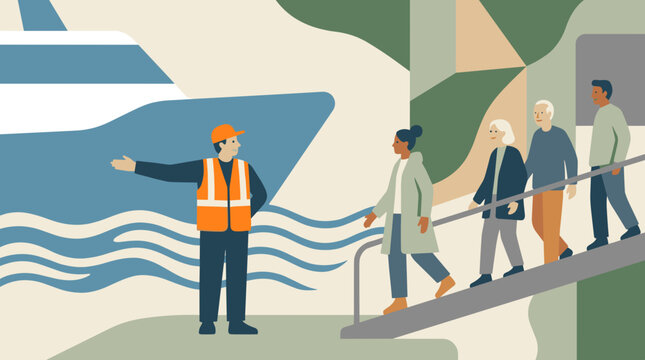 Ferry worker guiding passengers on board a ship