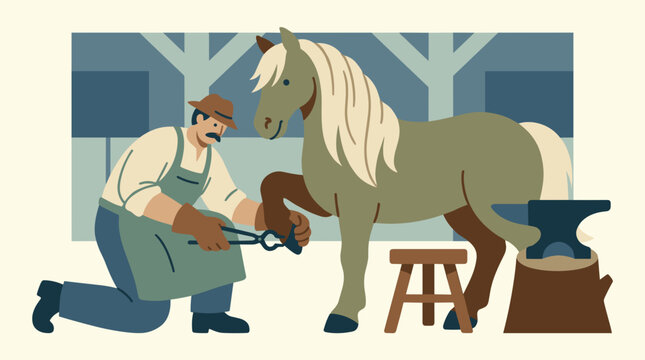 Farrier fitting horseshoe on horse hoof in stable
