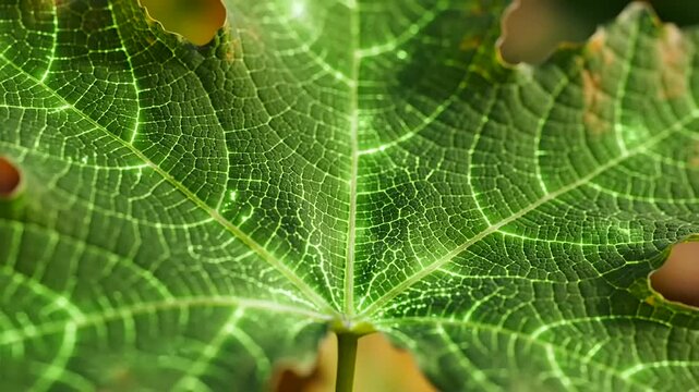 An intricate Digital Twin Simulation of organic leaf veins showing a cinematic light shift across the green chlorophyll networks to illustrate nature's complex engineering