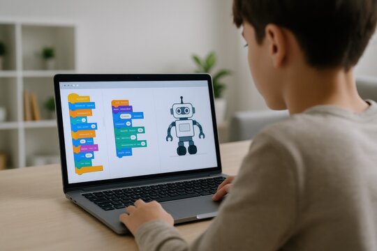Young boy coding a robot on a laptop computer screen with colorful programming blocks and interface