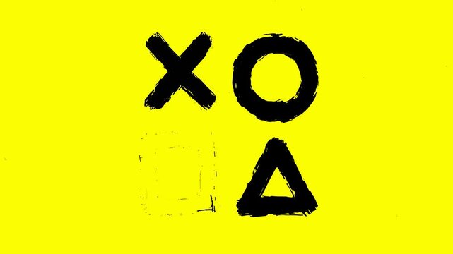 Hand Drawn Abstract Geometric Shapes Pattern Featuring Cross Circle Square and Triangle Symbols on a Vibrant Yellow Background