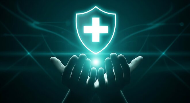 Shield icon with a medical cross is held between two hands to represent digital protection and healthcare security in a modern technological environment for patients and medical professionals.