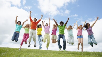 Obraz premium Diverse group of joyful young adults jumping for success and happiness in a sunny outdoor field