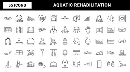 Fototapeta premium Aquatic therapy line icon set. Vector pictograms of hydrotherapy, water rehabilitation, pool fitness, and physical recovery elements, thin linear illustration.