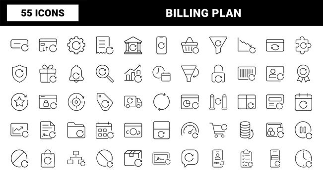 Return to activity plan line icon set. Vector pictograms of billing, subscription, renewal, and transaction elements, thin linear illustration.